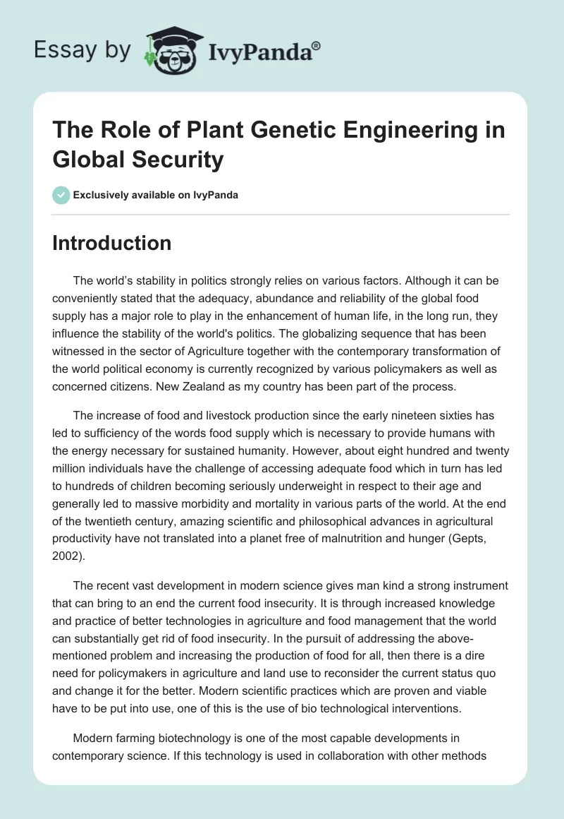 The Role of Plant Genetic Engineering in Global Security. Page 1