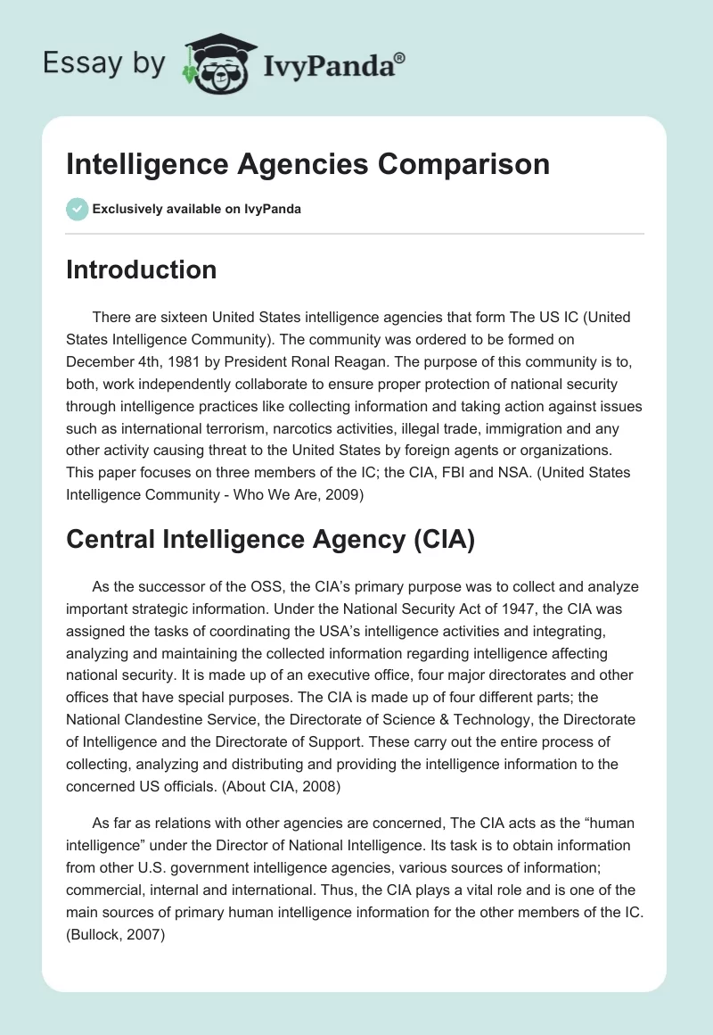Intelligence Agencies Comparison. Page 1