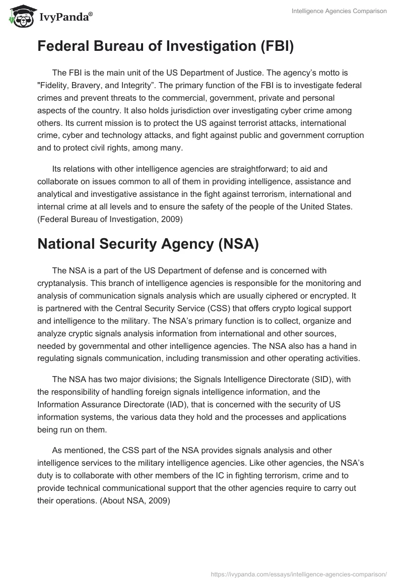 Intelligence Agencies Comparison. Page 2