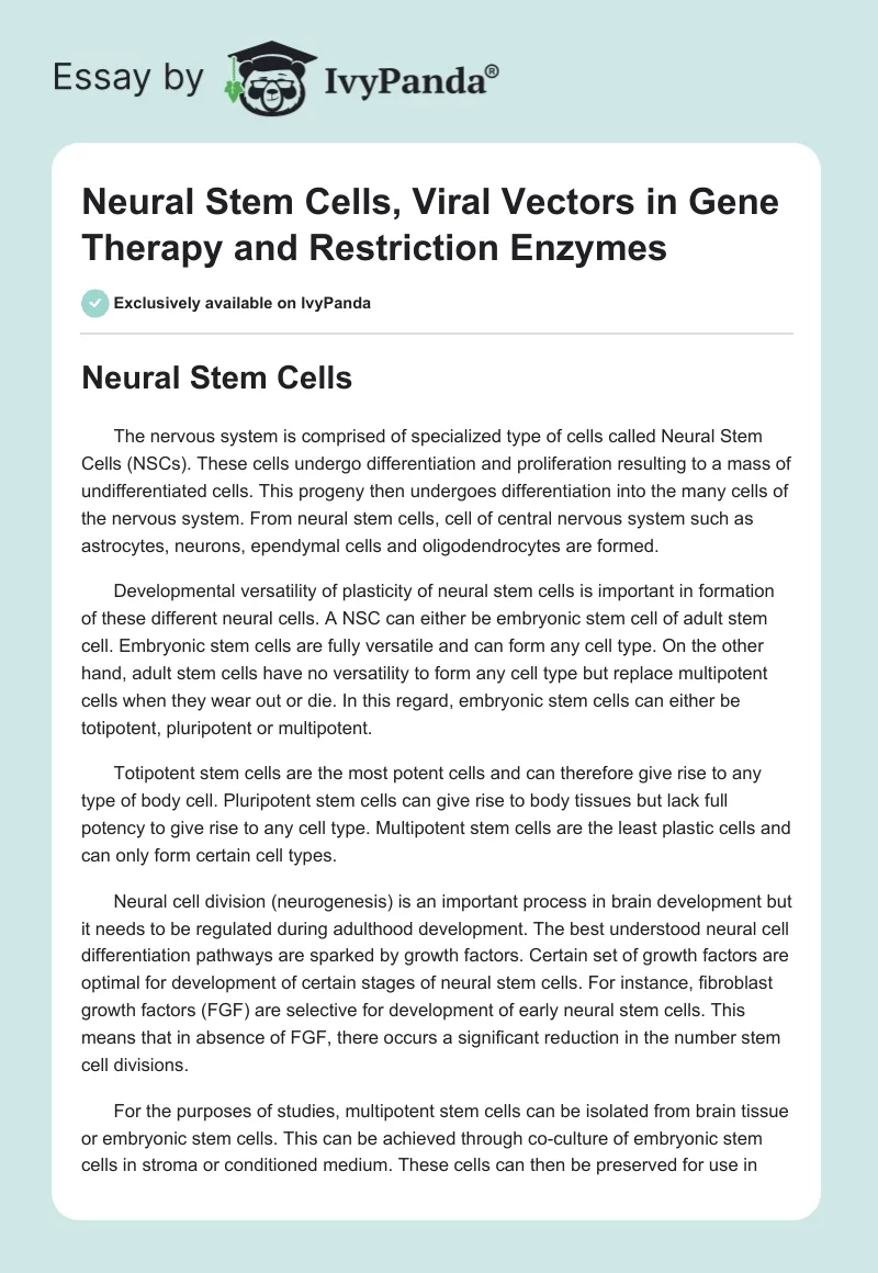Neural Stem Cells, Viral Vectors in Gene Therapy and Restriction Enzymes. Page 1