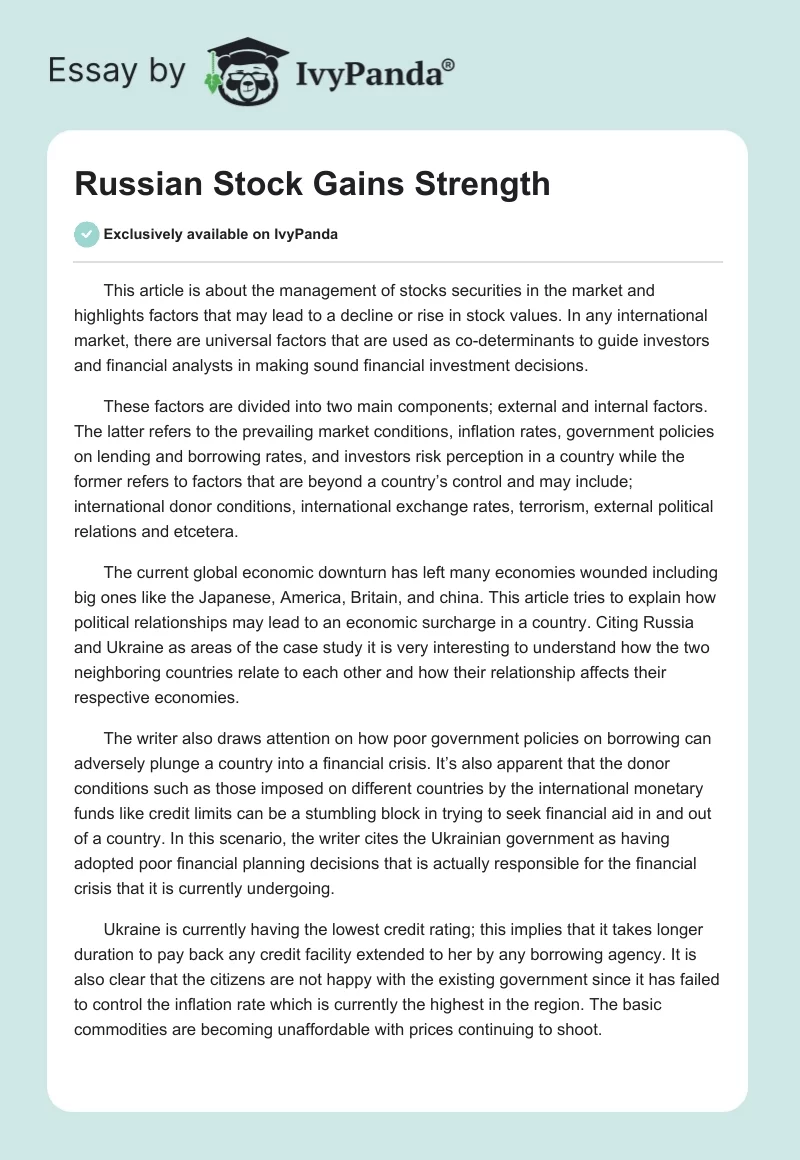 Russian Stock Gains Strength. Page 1