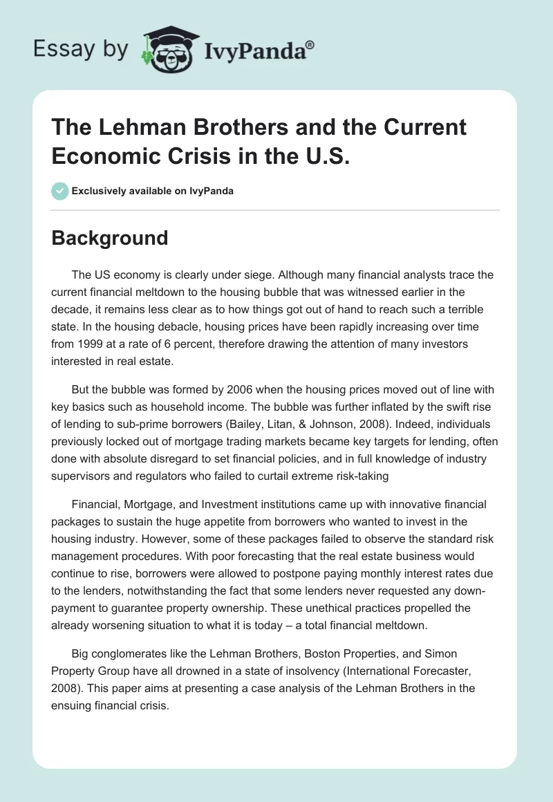 The Lehman Brothers and the Current Economic Crisis in the U.S.. Page 1