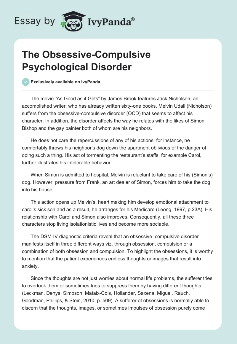 The Obsessive-Compulsive Psychological Disorder. Page 1
