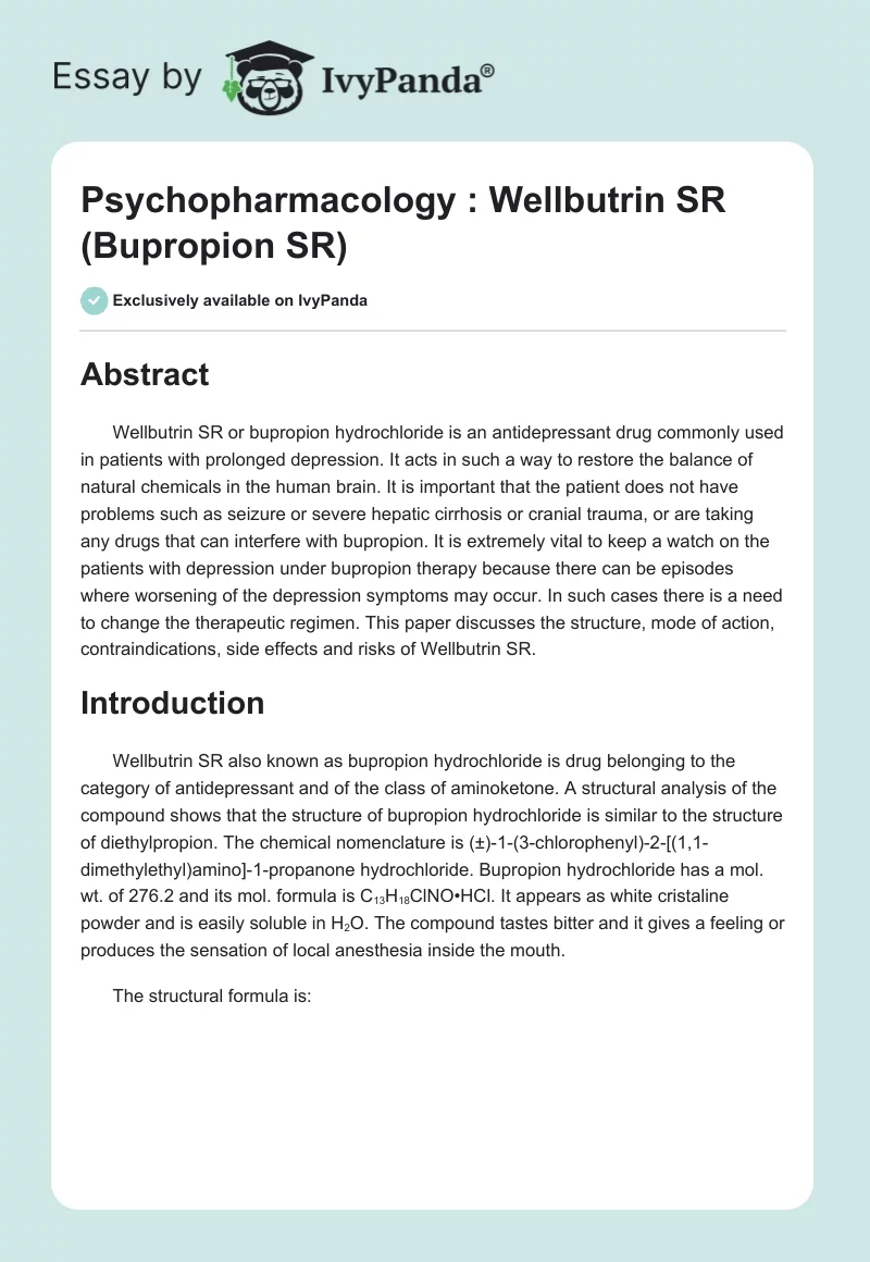 Psychopharmacology : Wellbutrin SR (Bupropion SR). Page 1
