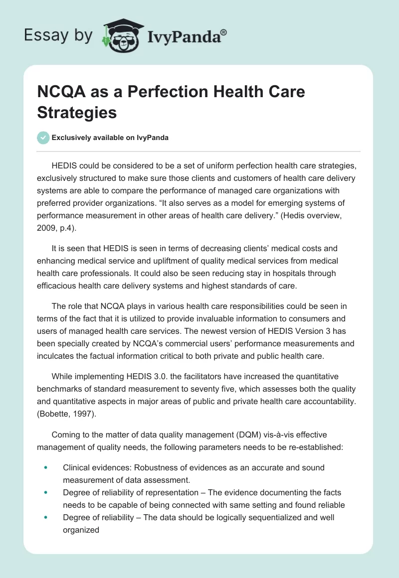 NCQA as a Perfection Health Care Strategies. Page 1