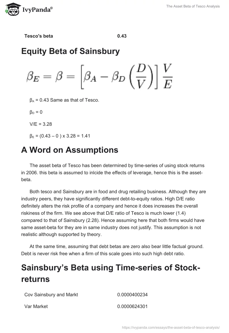 The Asset Beta of Tesco Analysis. Page 2