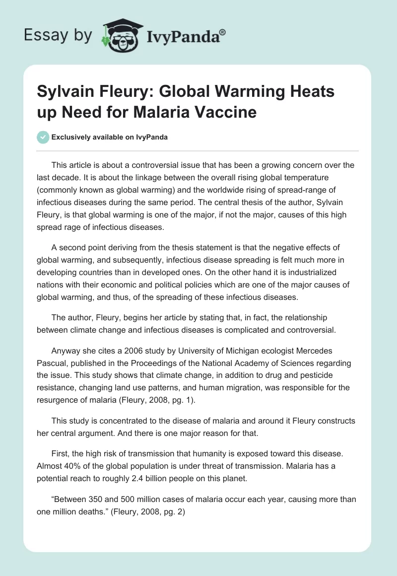 Sylvain Fleury: Global Warming Heats up Need for Malaria Vaccine. Page 1