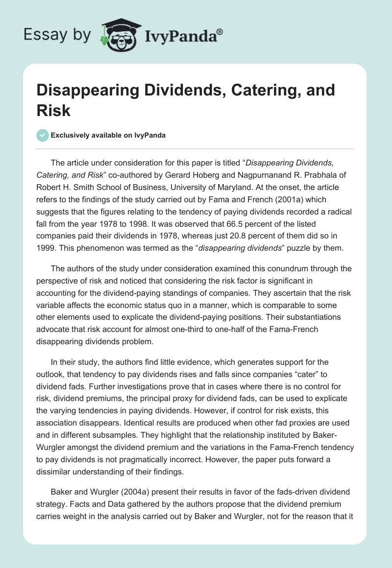 Disappearing Dividends, Catering, and Risk. Page 1