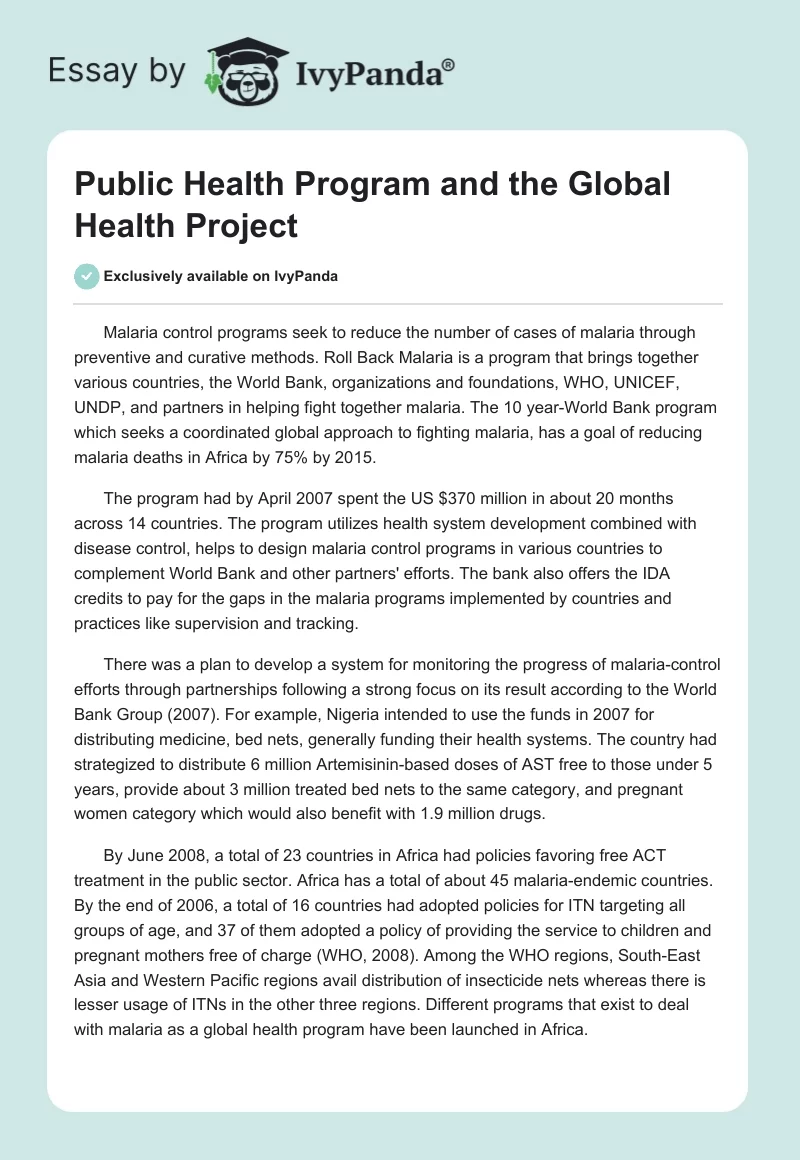 Public Health Program and the Global Health Project. Page 1