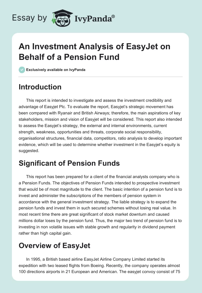 An Investment Analysis of EasyJet on Behalf of a Pension Fund. Page 1