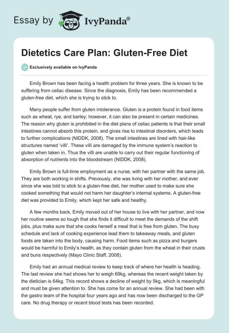Dietetics Care Plan: Gluten-Free Diet. Page 1