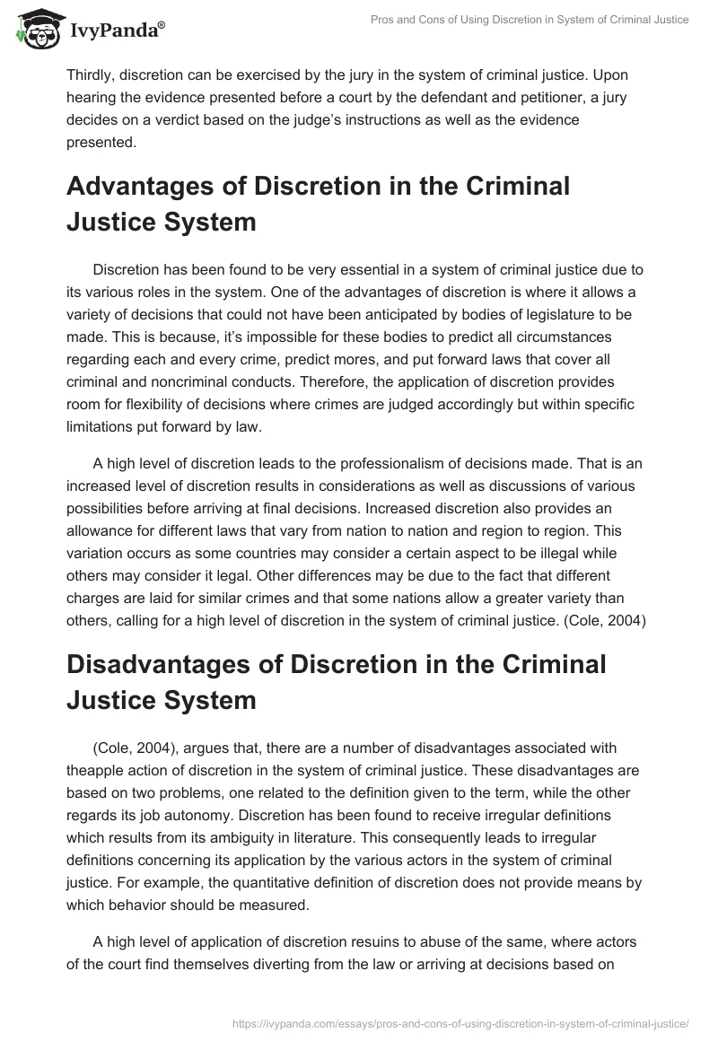 Pros and Cons of Using Discretion in System of Criminal Justice. Page 2