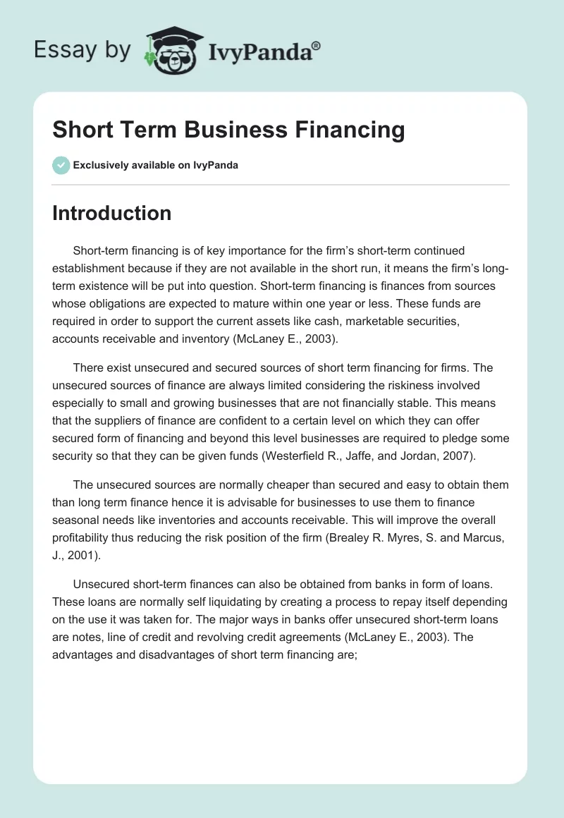 Short Term Business Financing. Page 1