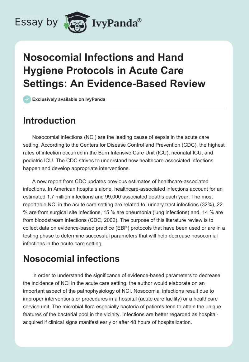 Nosocomial Infections and Hand Hygiene Protocols in Acute Care Settings: An Evidence-Based Review. Page 1