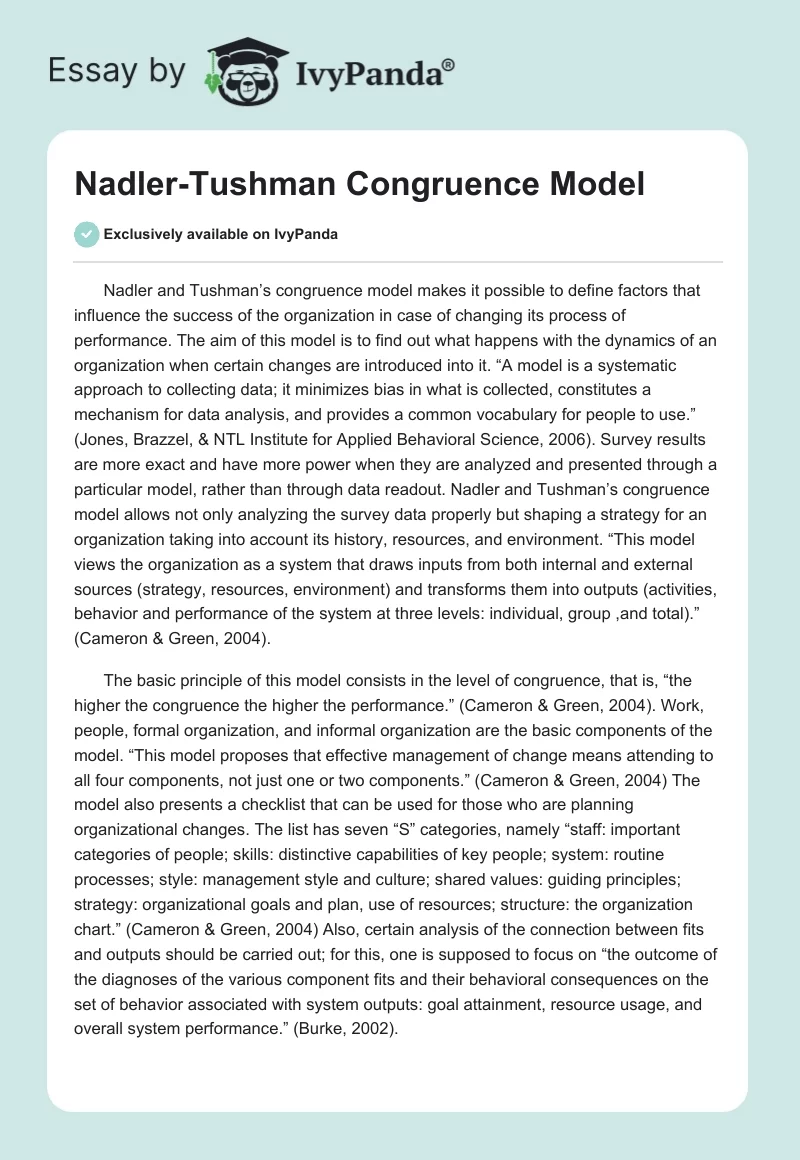 Nadler-Tushman Congruence Model. Page 1