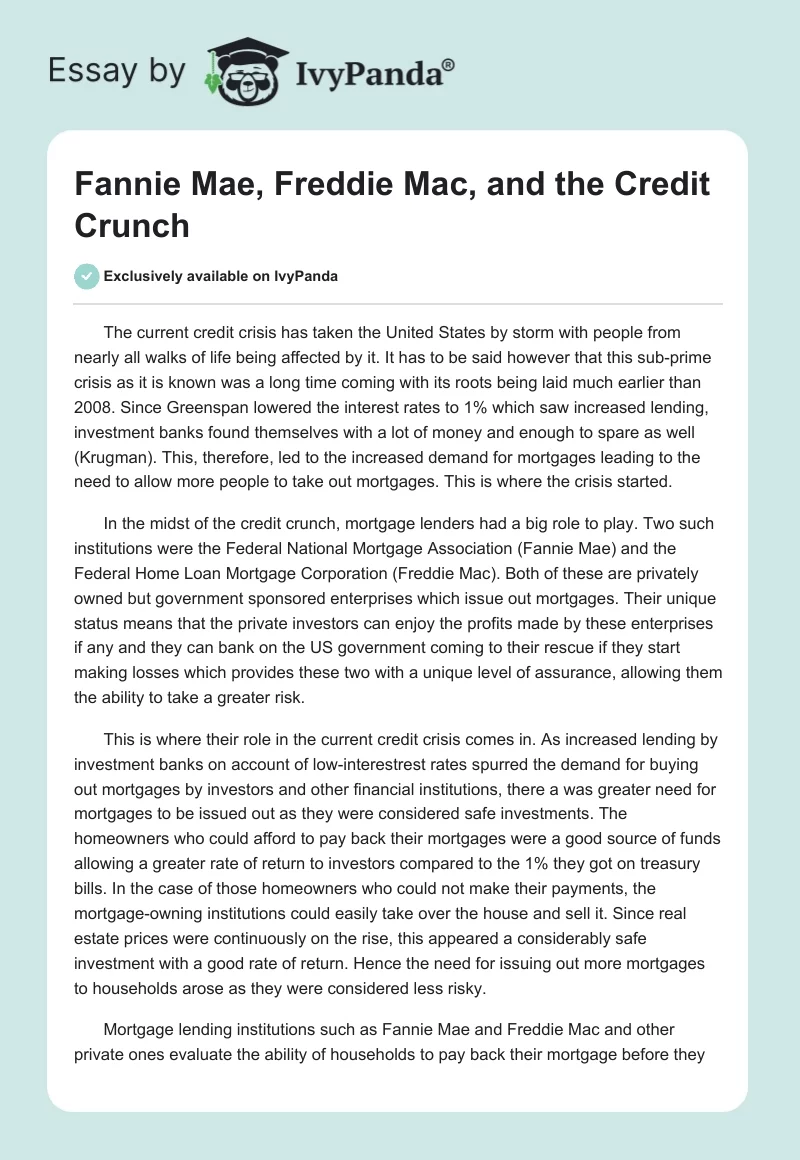 Fannie Mae, Freddie Mac, and the Credit Crunch. Page 1