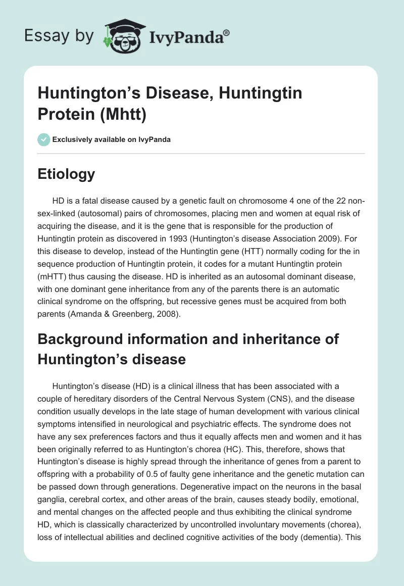 Huntington’s Disease, Huntingtin Protein (Mhtt). Page 1
