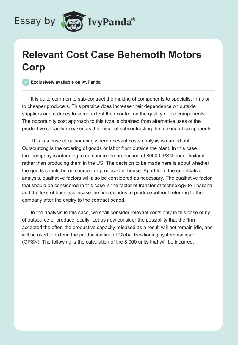 Relevant Cost Case Behemoth Motors Corp. Page 1