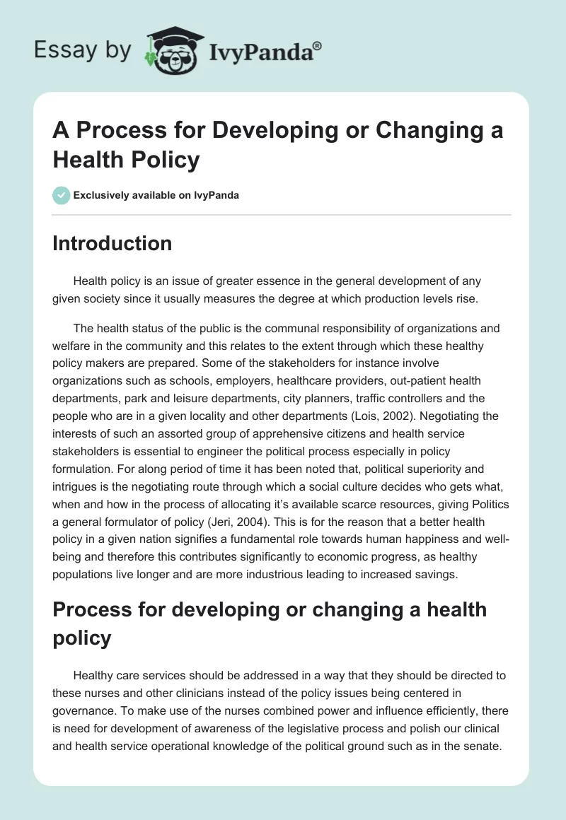 A Process for Developing or Changing a Health Policy. Page 1