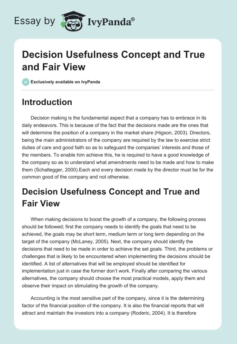 Decision Usefulness Concept and True and Fair View. Page 1