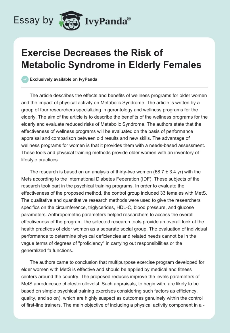 Exercise Decreases the Risk of Metabolic Syndrome in Elderly Females. Page 1