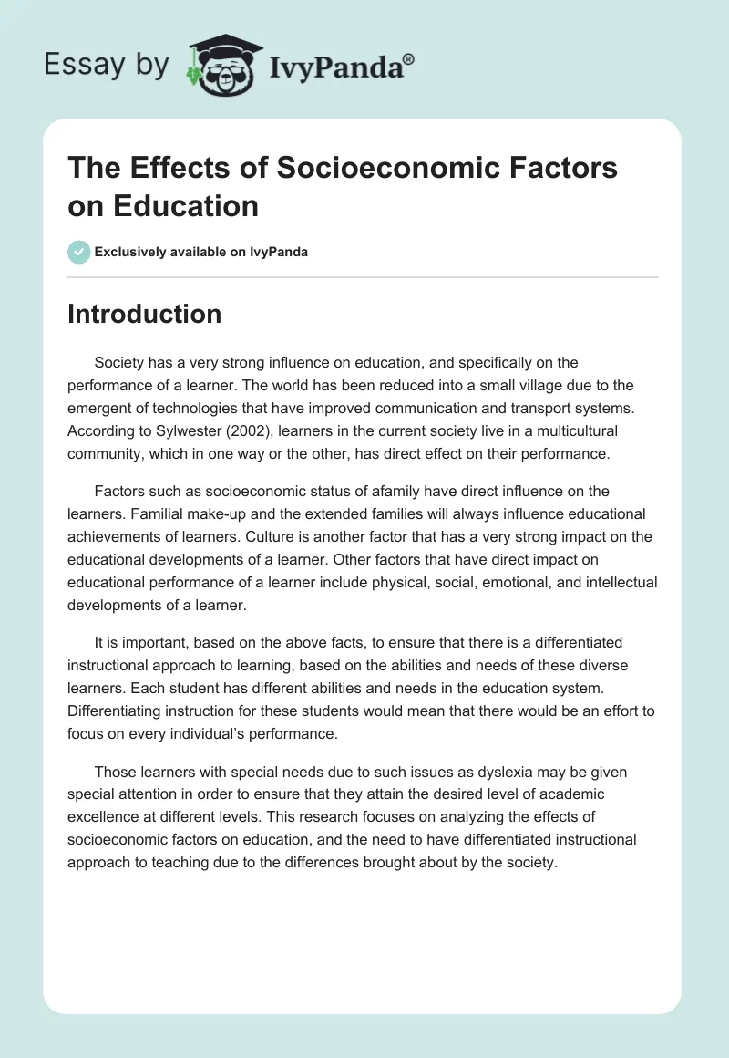 The Effects of Socioeconomic Factors on Education. Page 1