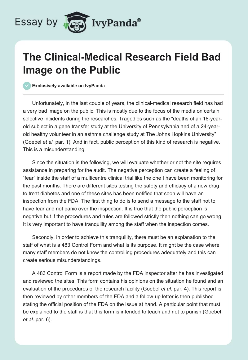 The Clinical-Medical Research Field Bad Image on the Public. Page 1