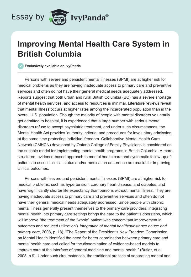 Improving Mental Health Care System in British Columbia. Page 1