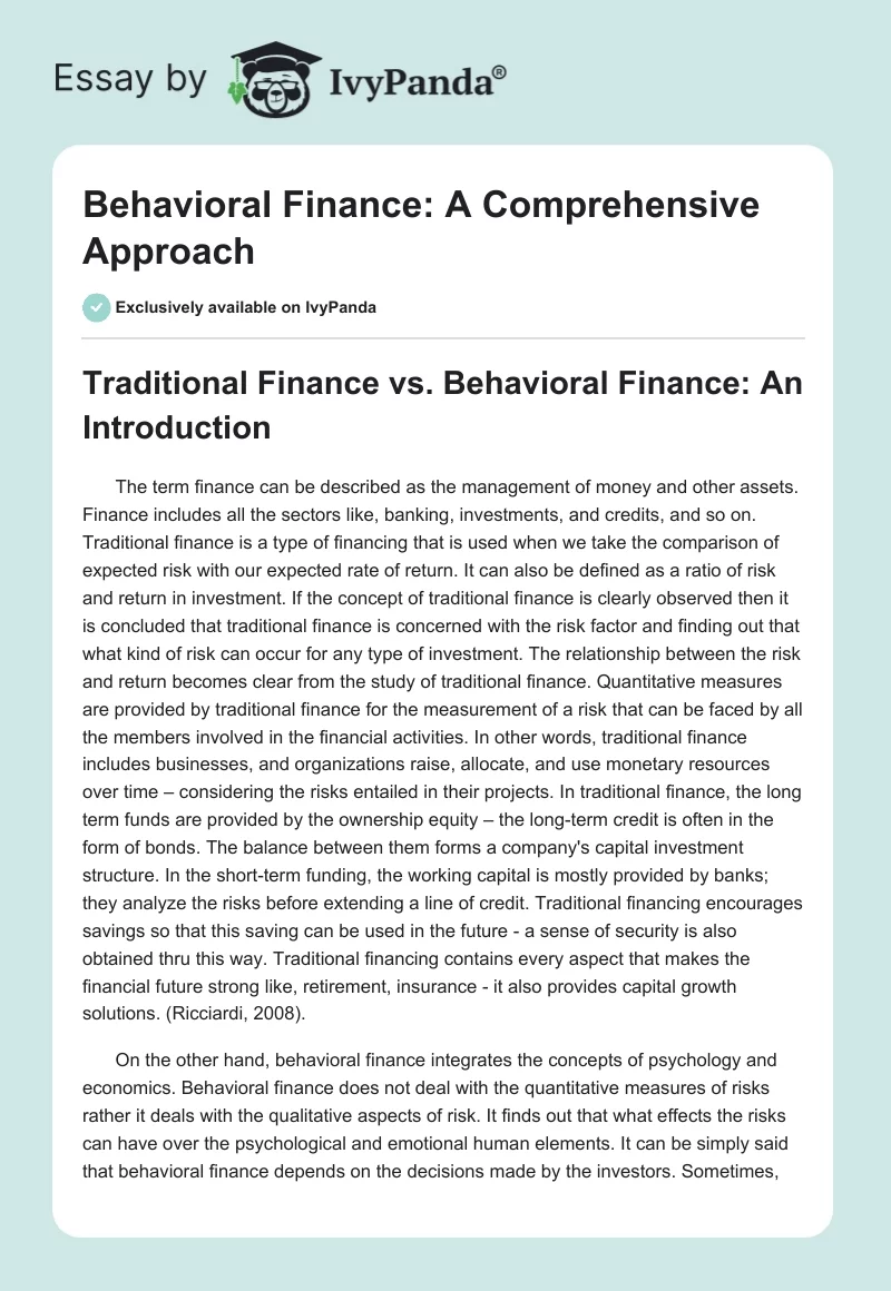 Behavioral Finance: A Comprehensive Approach. Page 1