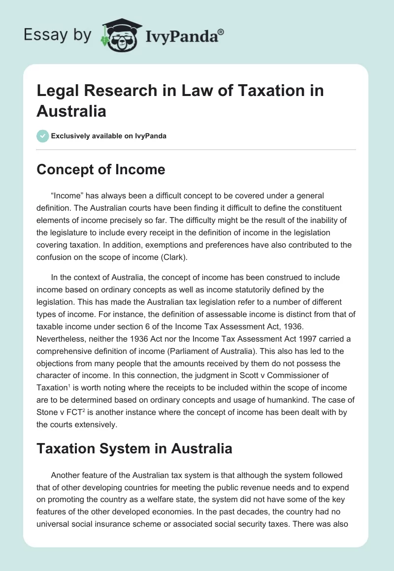 Legal Research in Law of Taxation in Australia. Page 1