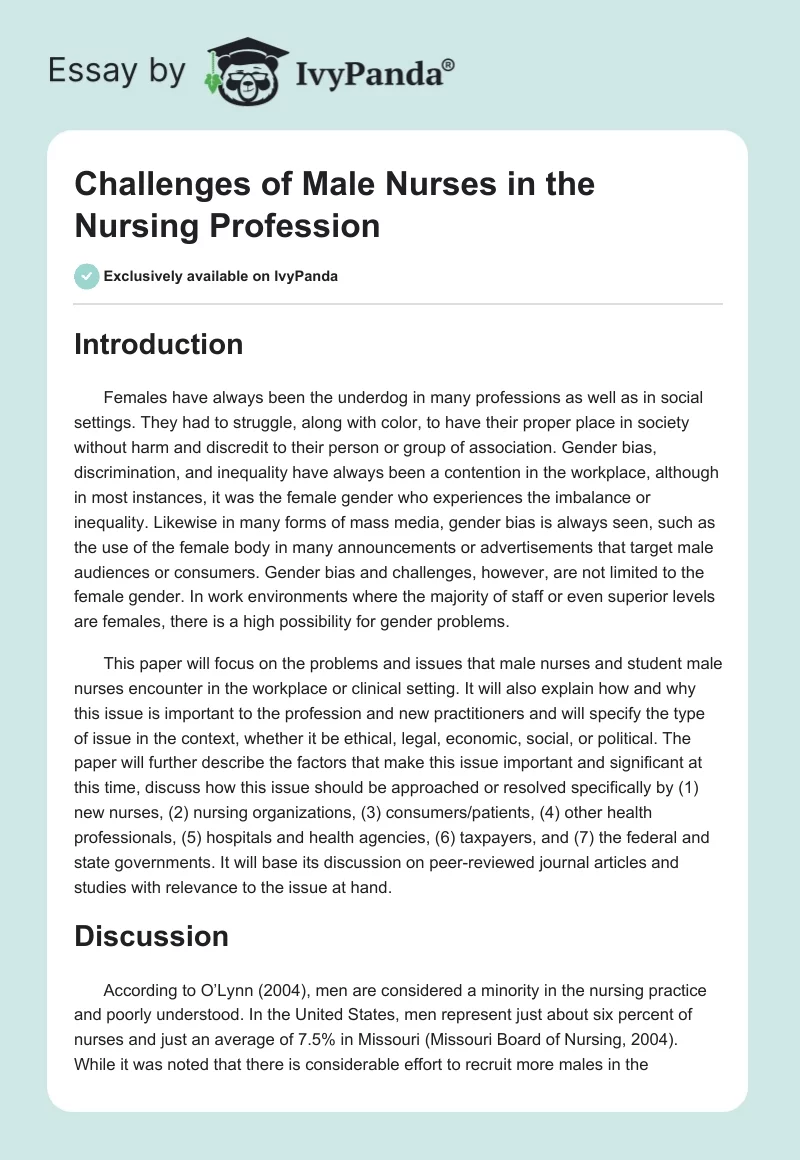 Challenges of Male Nurses in the Nursing Profession. Page 1
