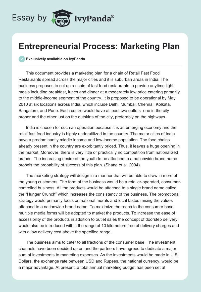 Entrepreneurial Process: Marketing Plan. Page 1