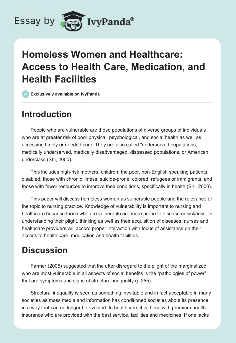 Homeless Women and Healthcare: Access to Health Care, Medication, and Health Facilities. Page 1