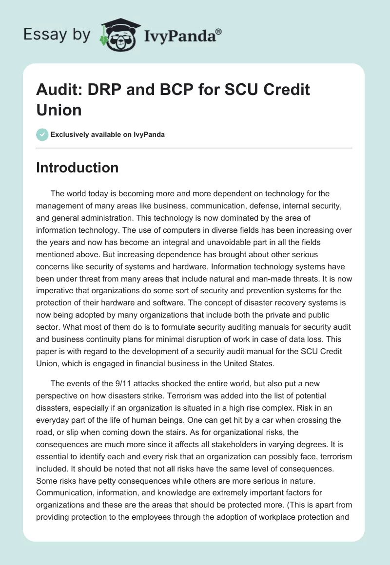 Audit: DRP and BCP for SCU Credit Union. Page 1