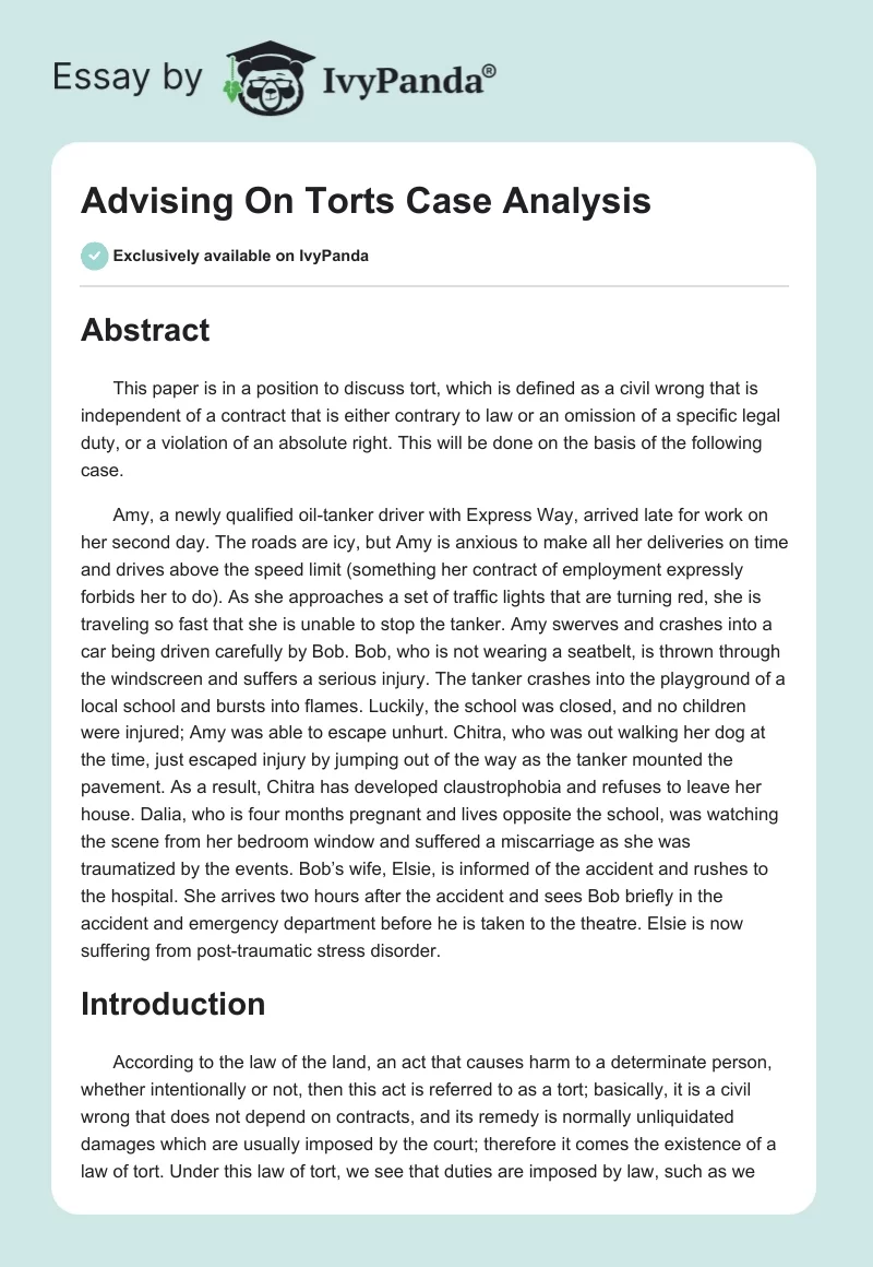 Advising On Torts Case Analysis. Page 1