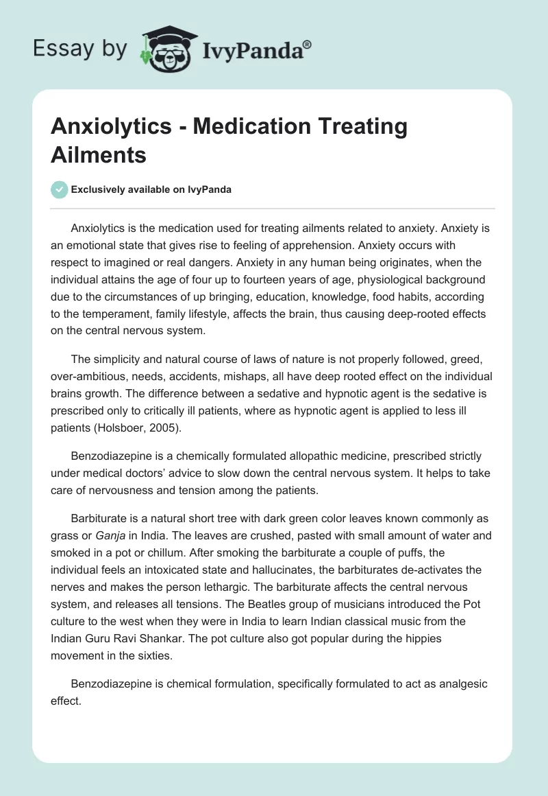 Anxiolytics - Medication Treating Ailments. Page 1