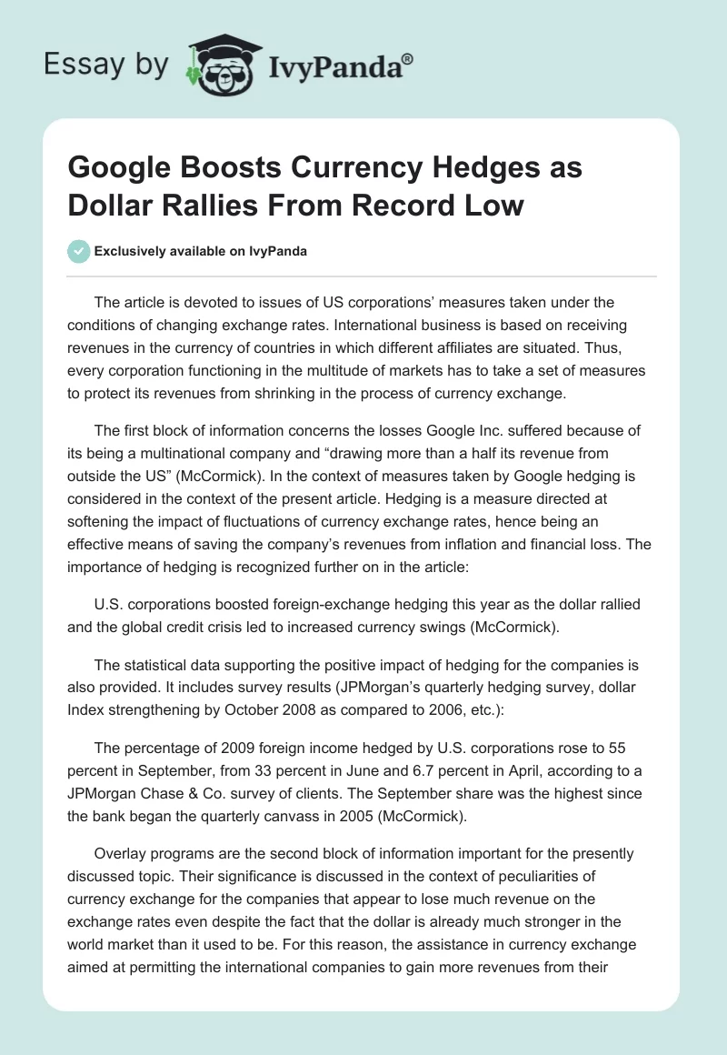 Google Boosts Currency Hedges as Dollar Rallies From Record Low. Page 1