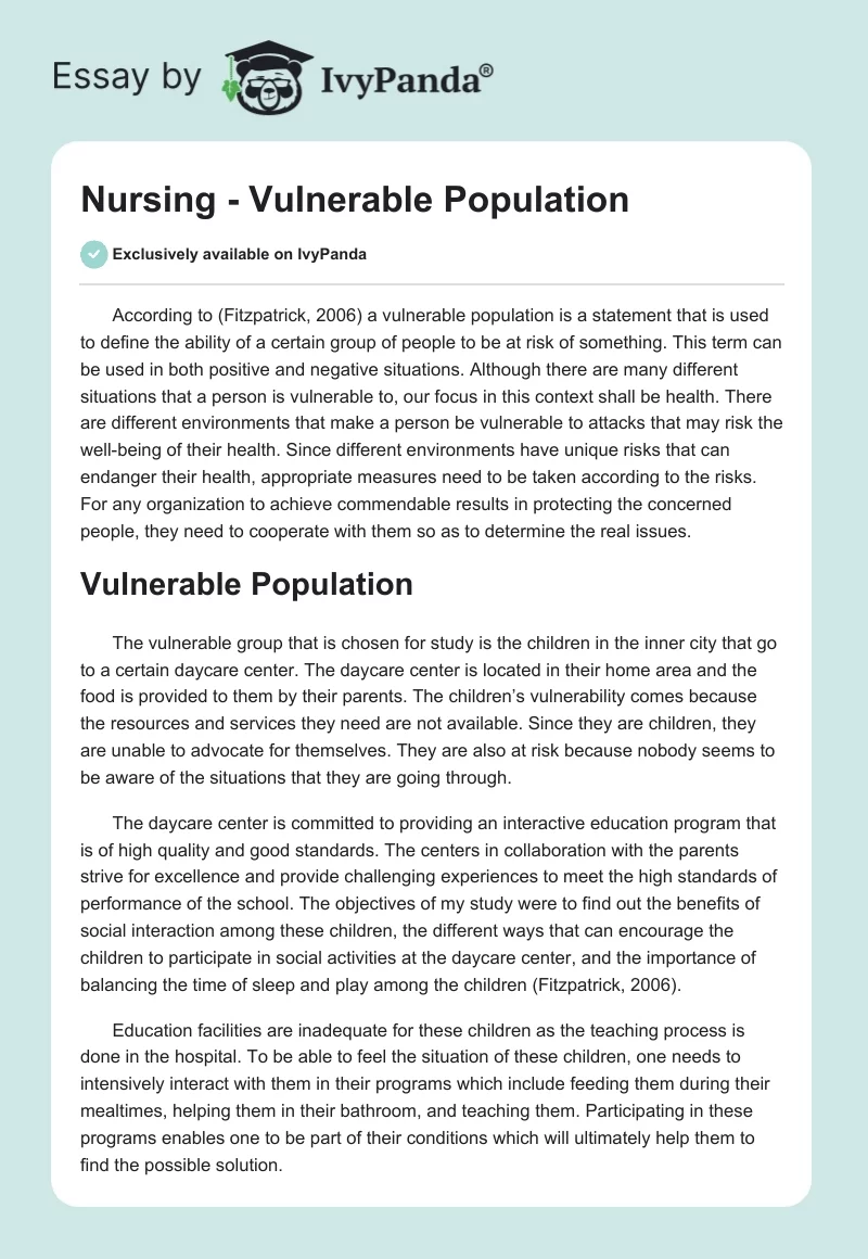 Nursing - Vulnerable Population. Page 1