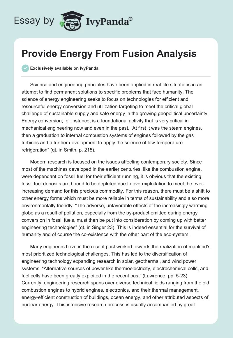Provide Energy From Fusion Analysis. Page 1