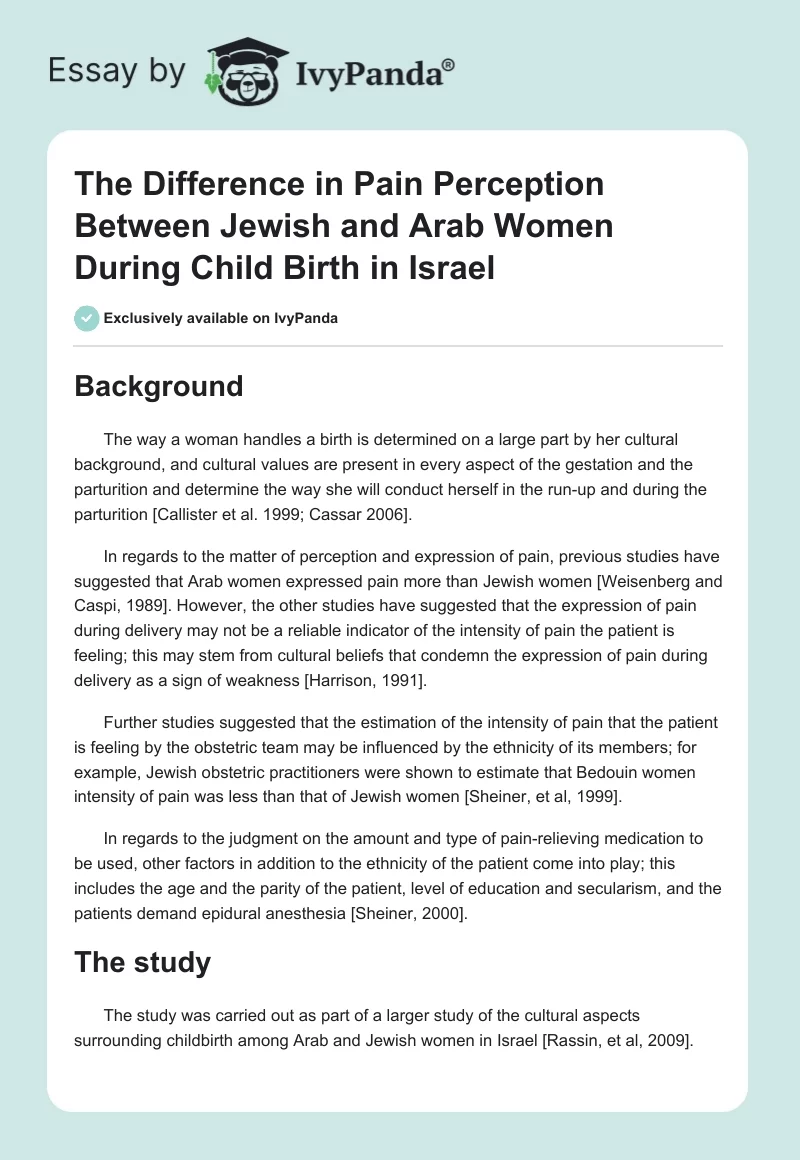 The Difference in Pain Perception Between Jewish and Arab Women During Child Birth in Israel. Page 1