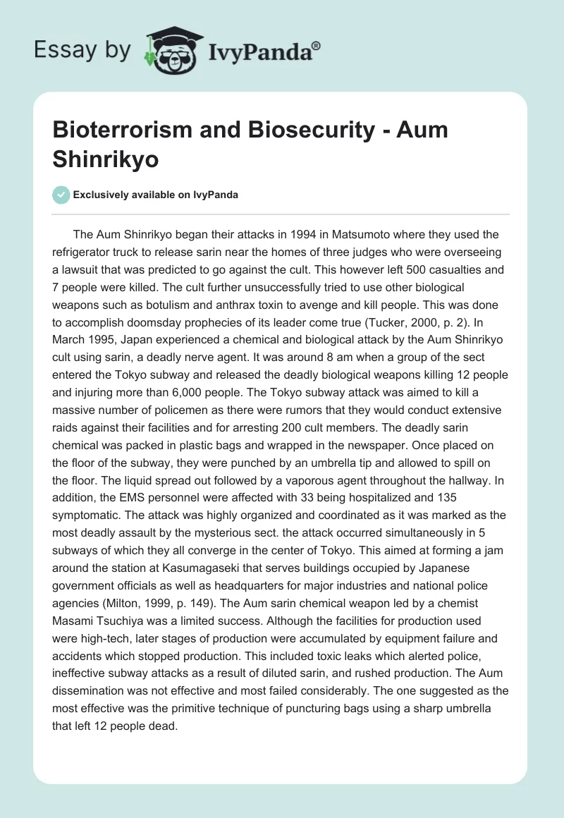 Bioterrorism and Biosecurity - Aum Shinrikyo. Page 1