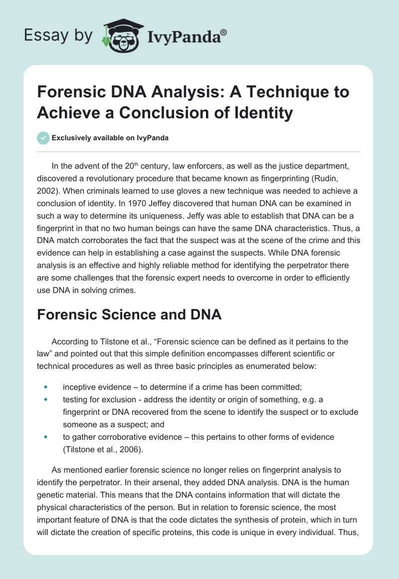 Forensic DNA Analysis: A Technique to Achieve a Conclusion of Identity. Page 1