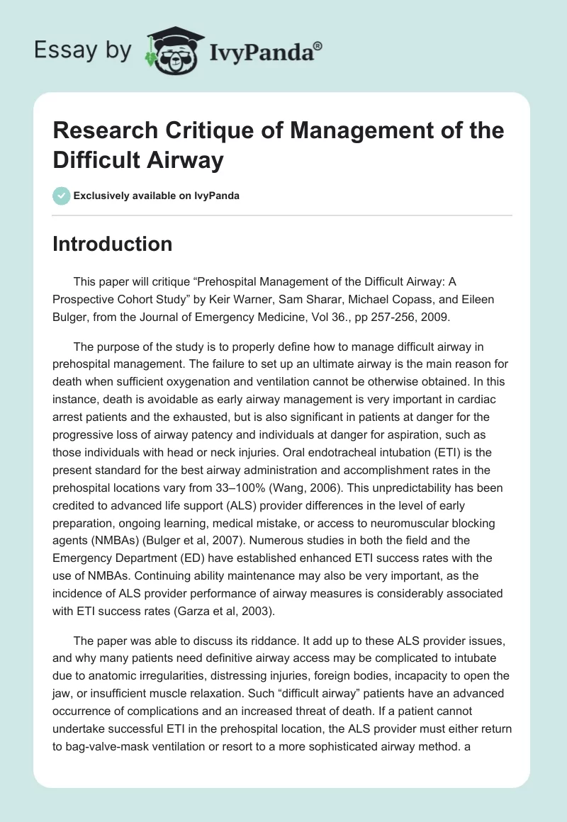 Research Critique of Management of the Difficult Airway. Page 1