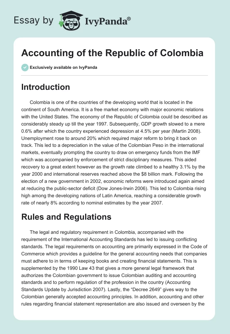 Accounting of the Republic of Colombia. Page 1