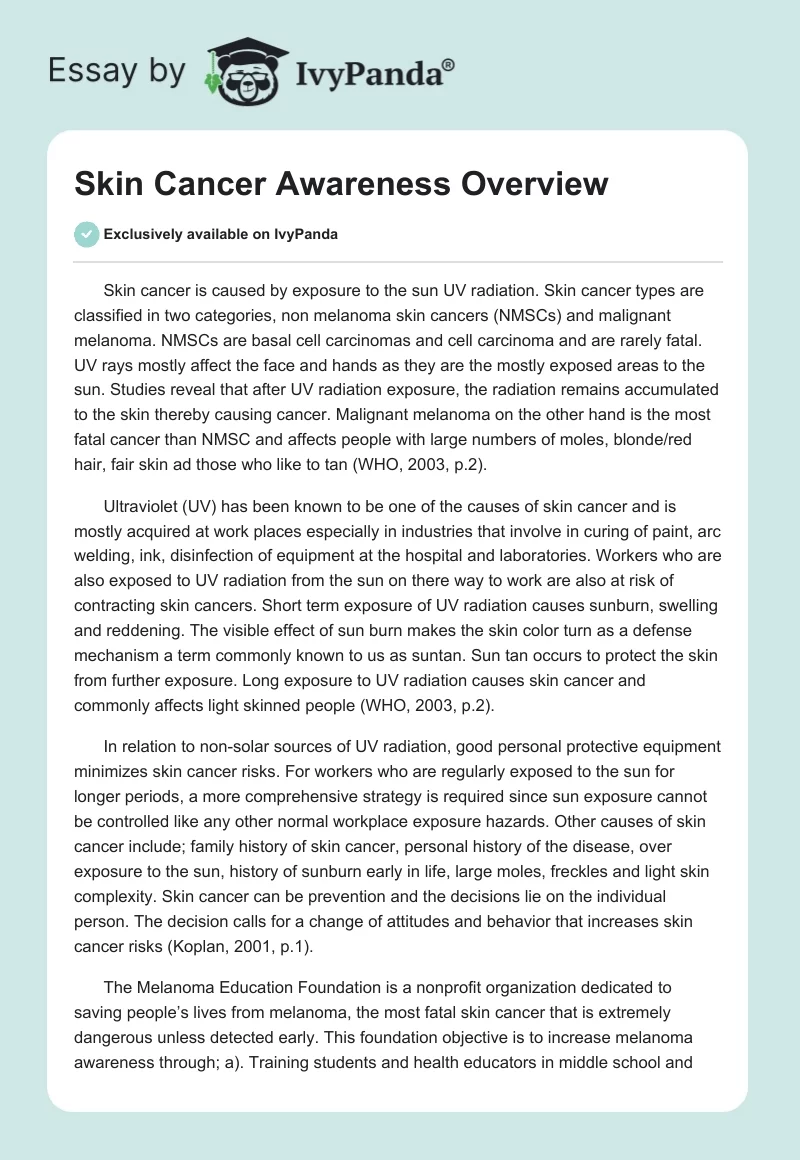 Skin Cancer Awareness Overview. Page 1