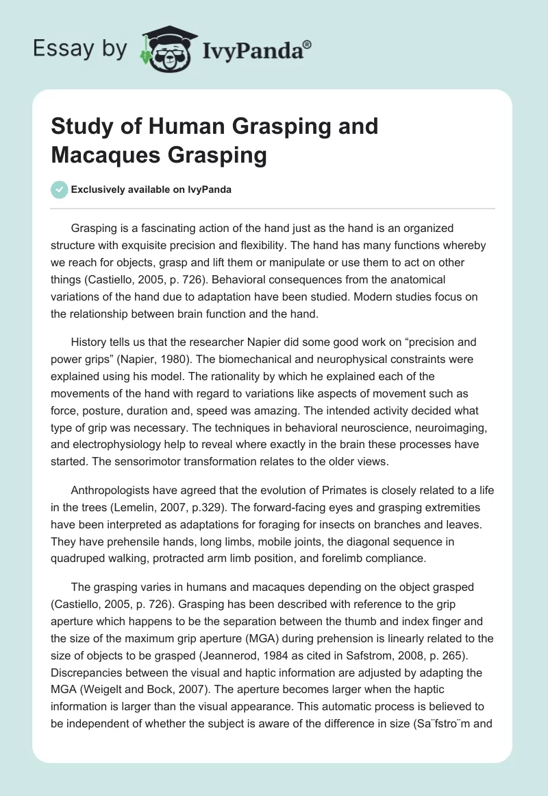 Study of Human Grasping and Macaques Grasping. Page 1