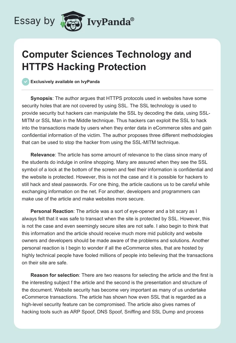 Computer Sciences Technology and HTTPS Hacking Protection. Page 1