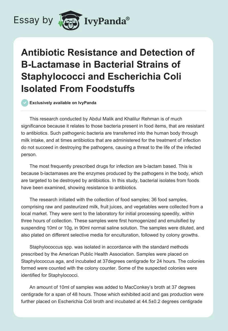 Antibiotic Resistance and Detection of B-Lactamase in Bacterial Strains of Staphylococci and Escherichia Coli Isolated From Foodstuffs. Page 1
