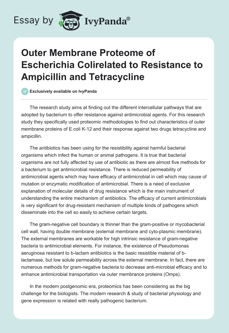 Outer Membrane Proteome of Escherichia Colirelated to Resistance to Ampicillin and Tetracycline. Page 1