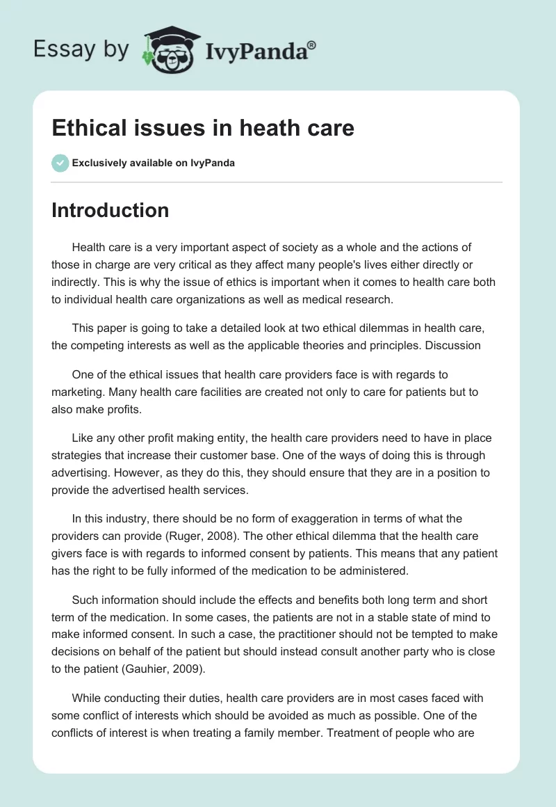 Ethical issues in heath care. Page 1